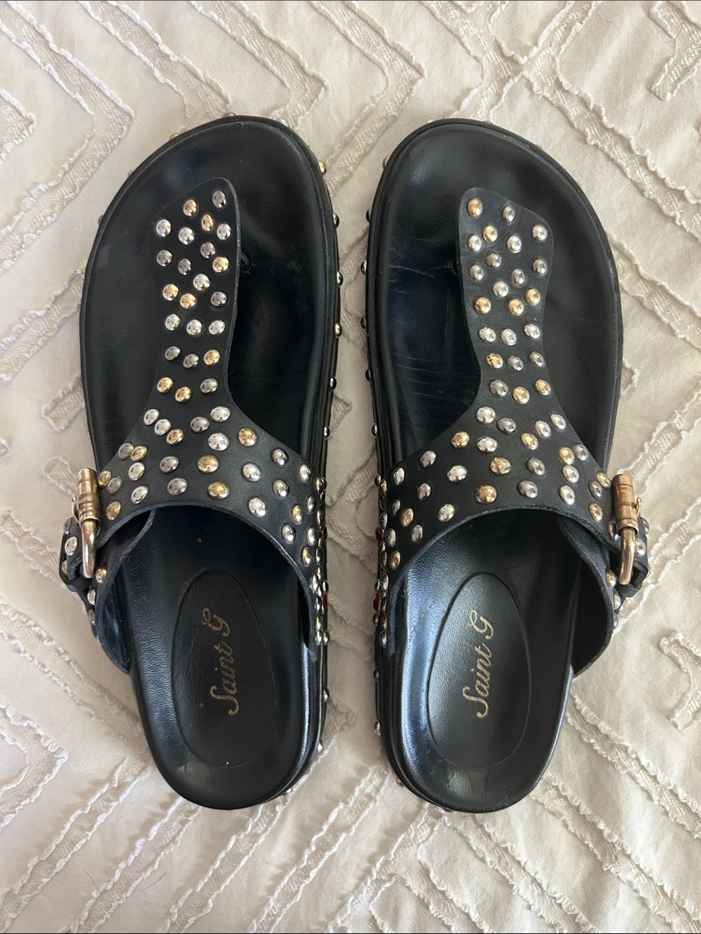Saint G Black Studded Leather Slide Sandals